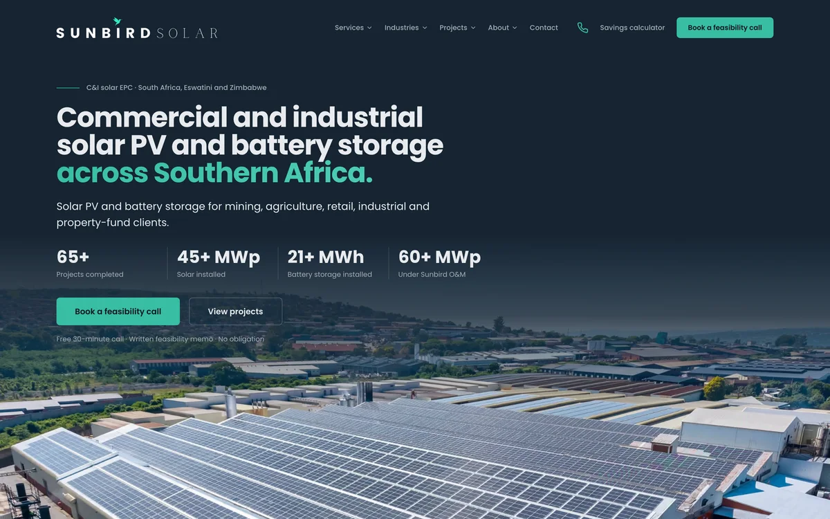 The Sunbird Solar website home page Lockhart designed and built: the headline, its project figures and an aerial photograph of solar panels on factory roofs