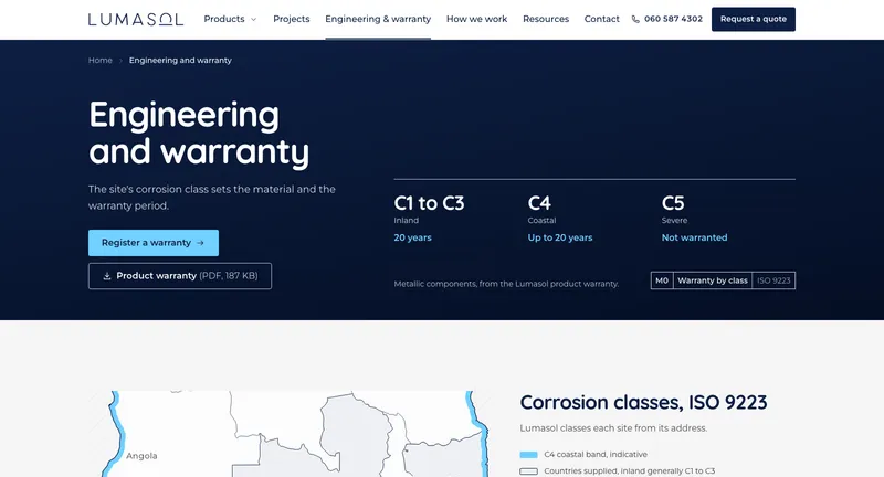 The engineering and warranty page: warranty periods by corrosion class, C1 to C3, C4 and C5