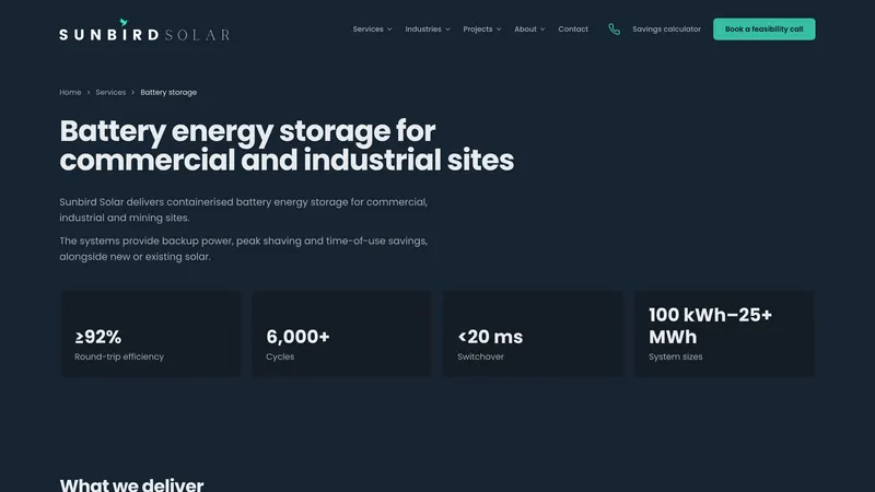 Sunbird Solar battery storage service page: round-trip efficiency, cycles, switchover time and system sizes
