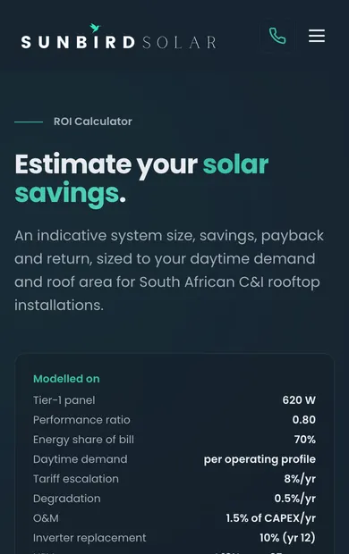 The ROI calculator on a phone, showing the assumptions it is modelled on