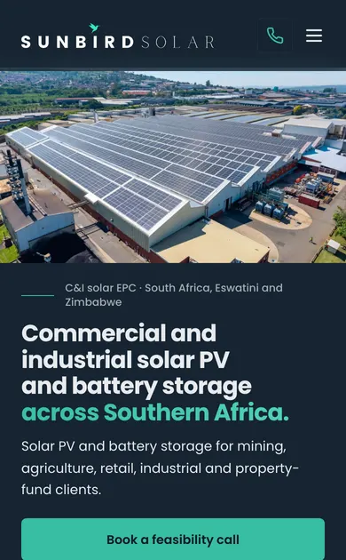 Sunbird Solar home page on a phone