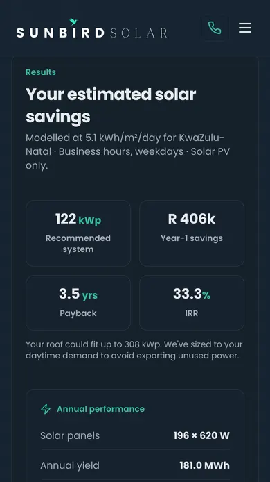 The ROI calculator results on a phone for its default inputs, a KwaZulu-Natal site on business hours, weekdays, solar PV only: recommended system size, year-one savings, payback and IRR