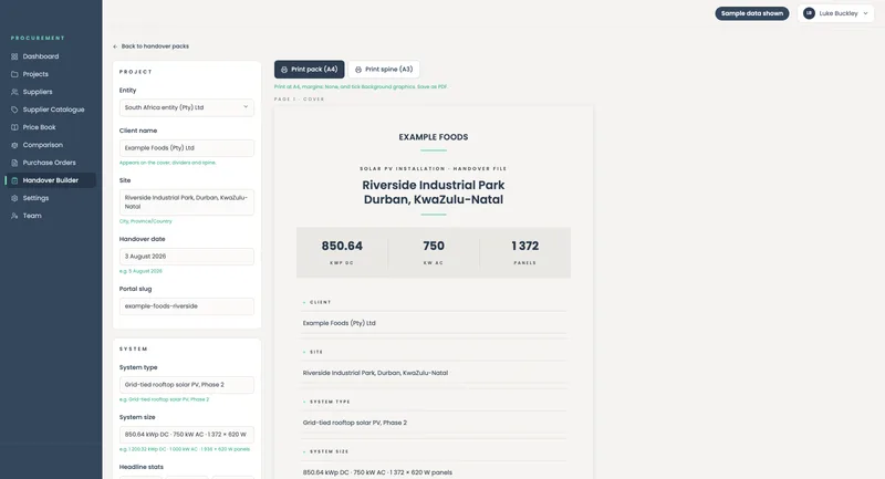 Handover builder, with sample data